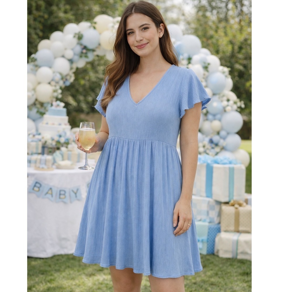 Fantastic Fawn Blue Babydoll‎ Dress V Neck Short Sleeve Flowy Casual Womens L